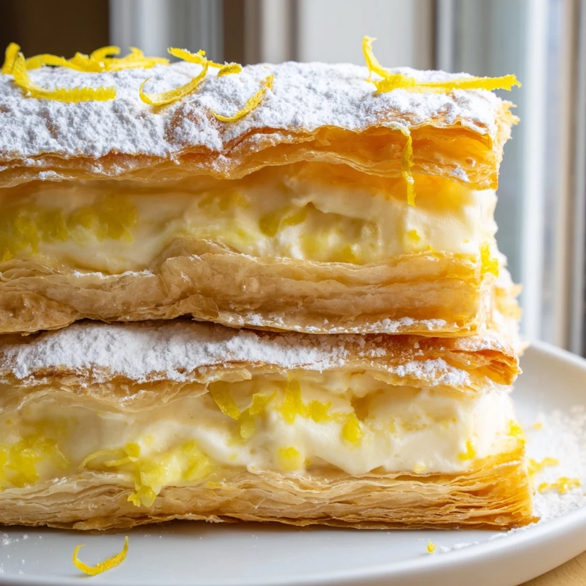 Golden layers of lemon ricotta puff pastry mille feuille dusted with powdered sugar on a white plate