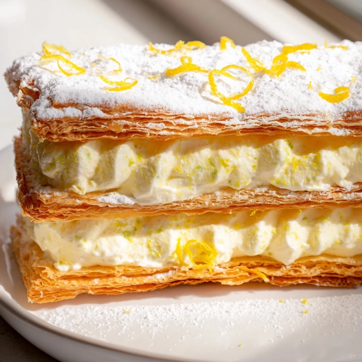 Crisp lemon ricotta puff pastry mille feuille topped with delicate zest curls ready to slice