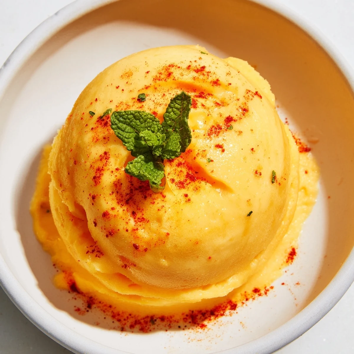 Golden creamy chili lime mango sorbet swirled in a waffle cone on a sunny afternoon backdrop