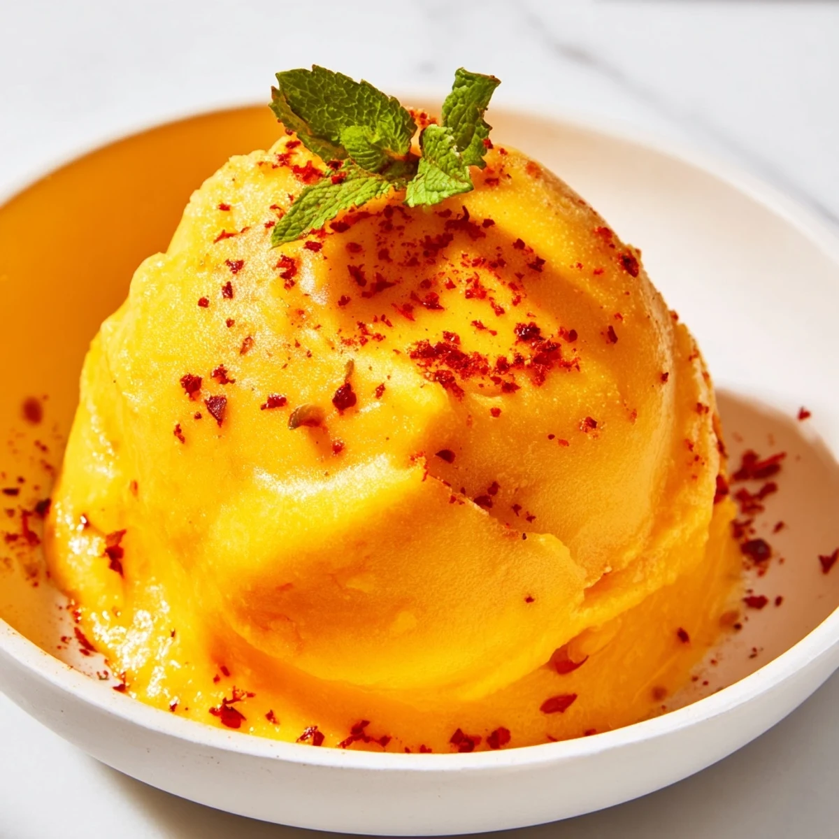 Creamy chili lime mango sorbet scooped into bowls with fresh lime wedges and mint garnish
