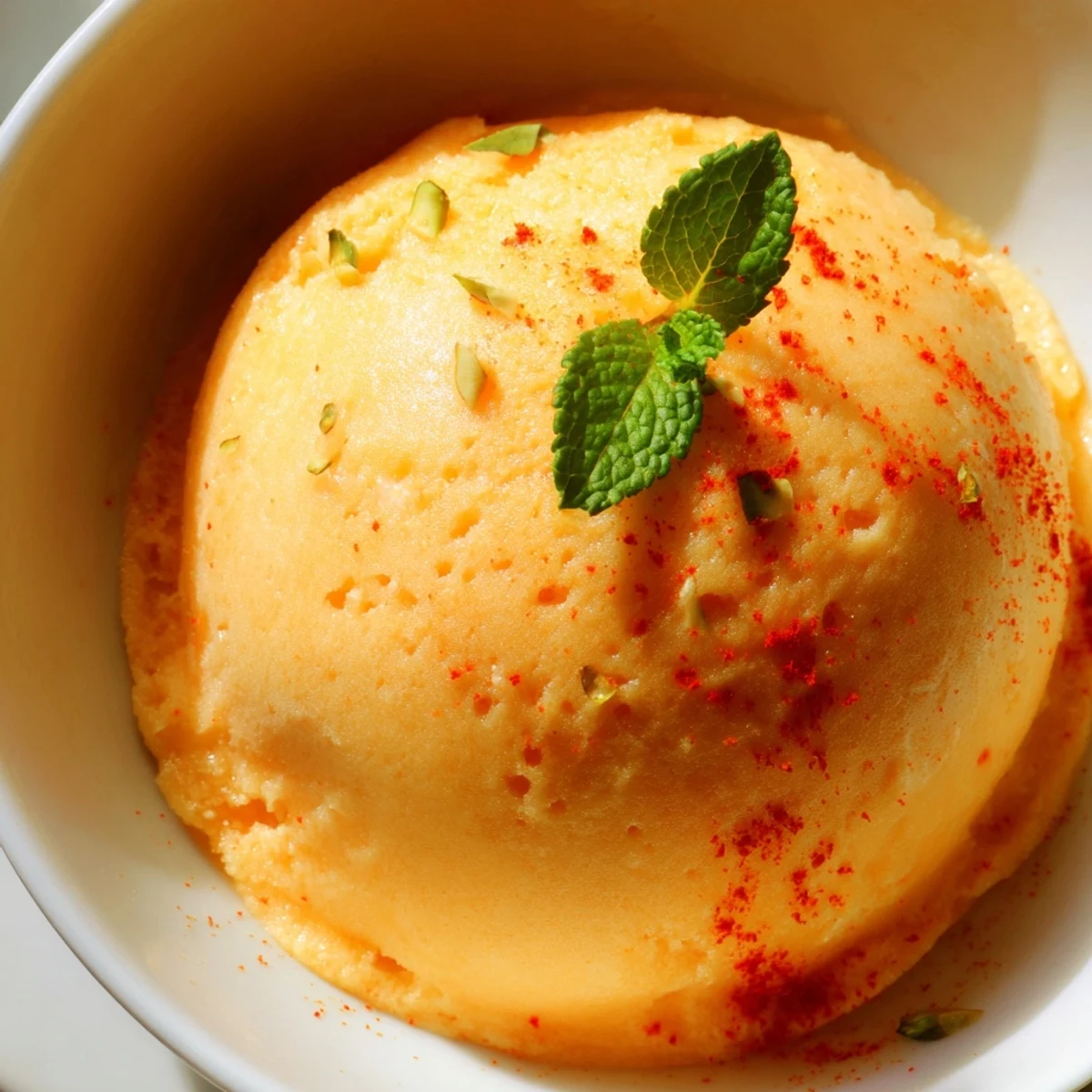 Vibrant orange creamy chili lime mango sorbet topped with a sprinkle of chili powder and coconut flakes