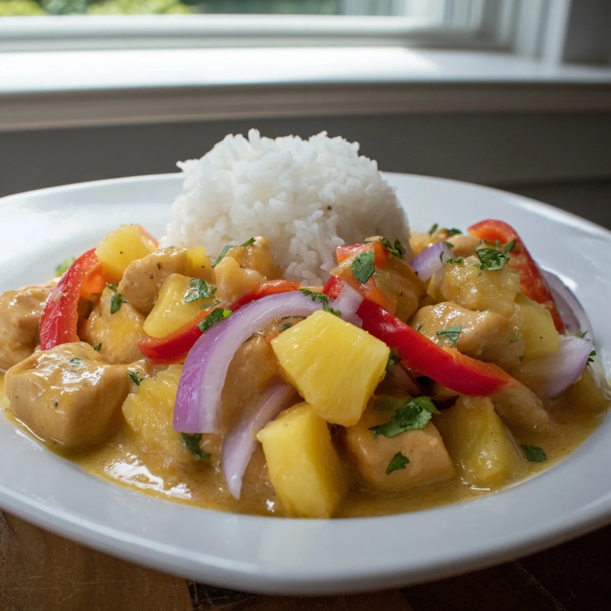 Golden tropical chicken with pineapple and peppers in creamy coconut lime sauce