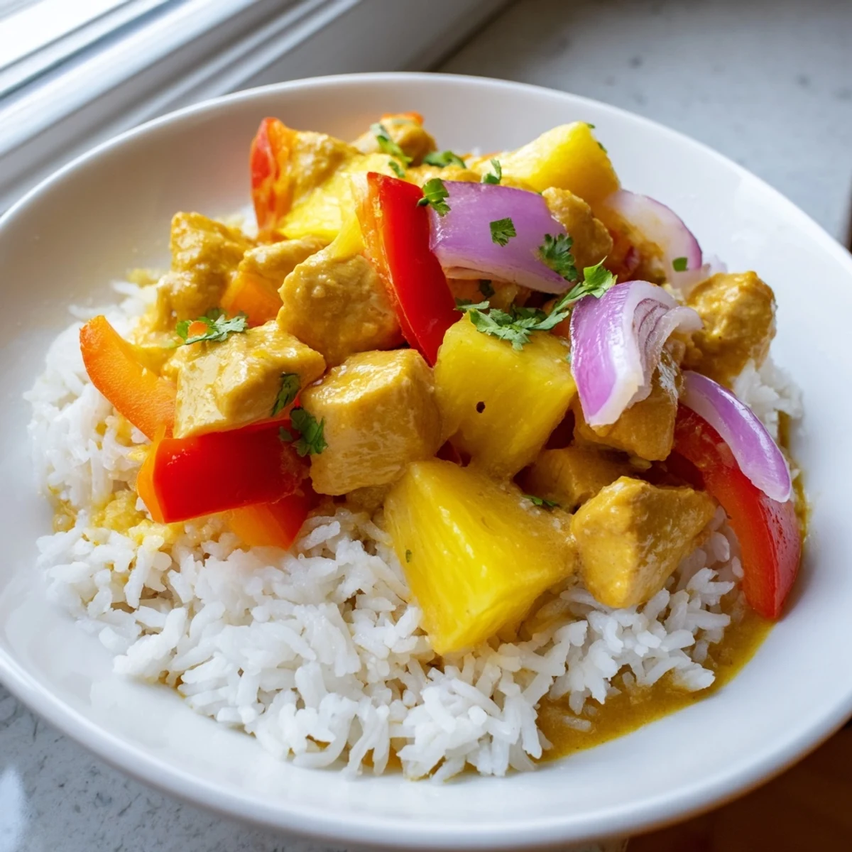Tropical Dinner Delight served in a rich turmeric coconut sauce with fresh cilantro garnish