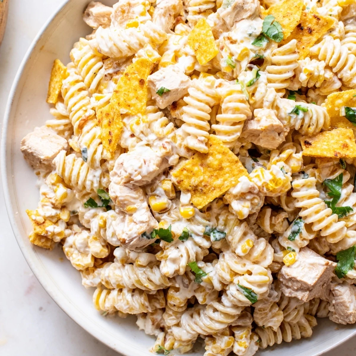 Creamy Mexican street corn chicken pasta salad topped with crushed tortilla chips and jalapeños