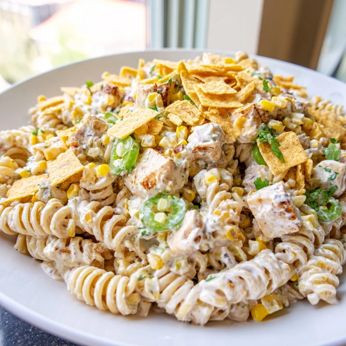 Golden charred corn and tender chicken tossed in zesty elote-style pasta salad with cotija