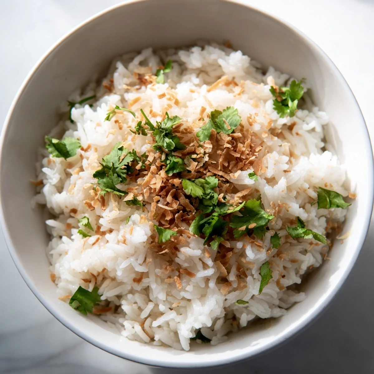 Creamy coconut rice steamed in rich coconut milk, garnished with fresh cilantro and toasted coconut flakes.