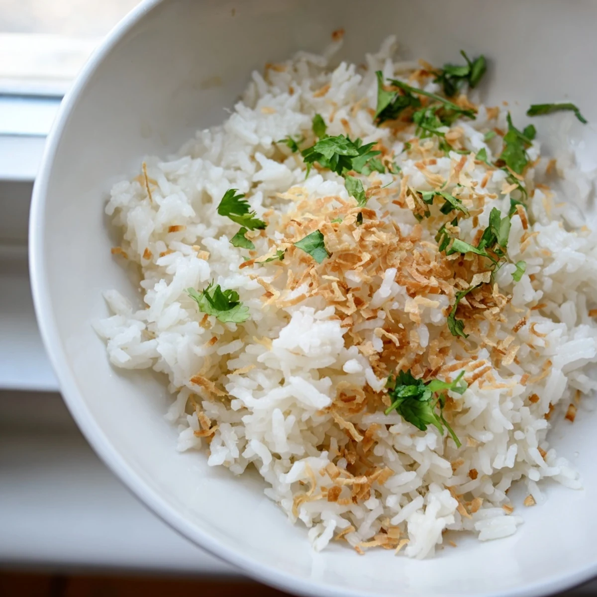 Fluffy coconut rice served in a bowl alongside a vibrant Thai curry with aromatic herbs.