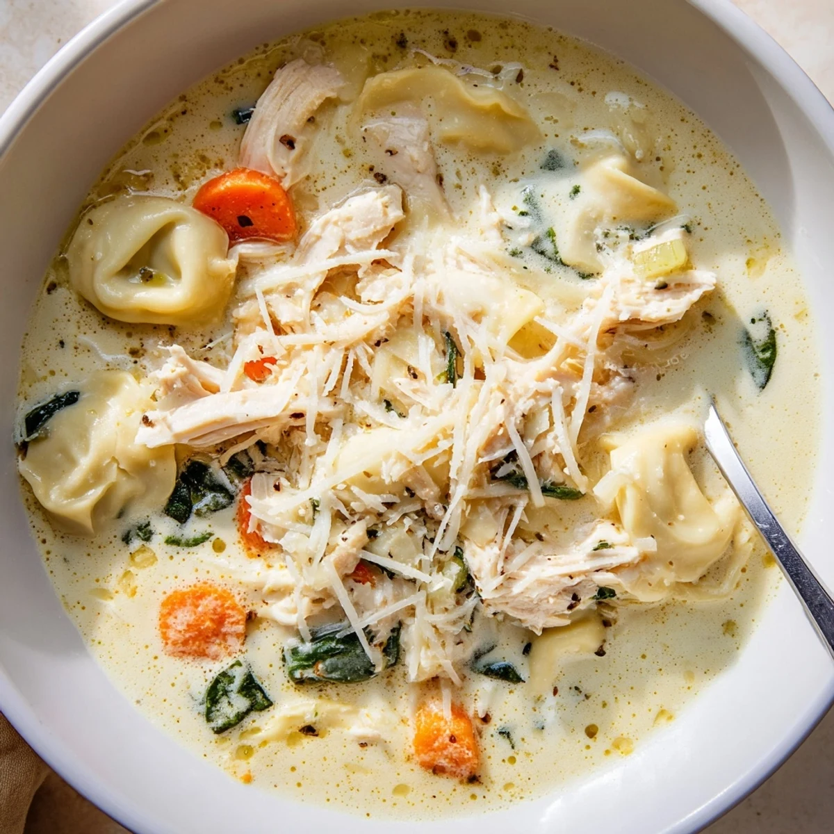 Creamy Crockpot Chicken Tortellini soup topped with fresh Parmesan and wilted spinach