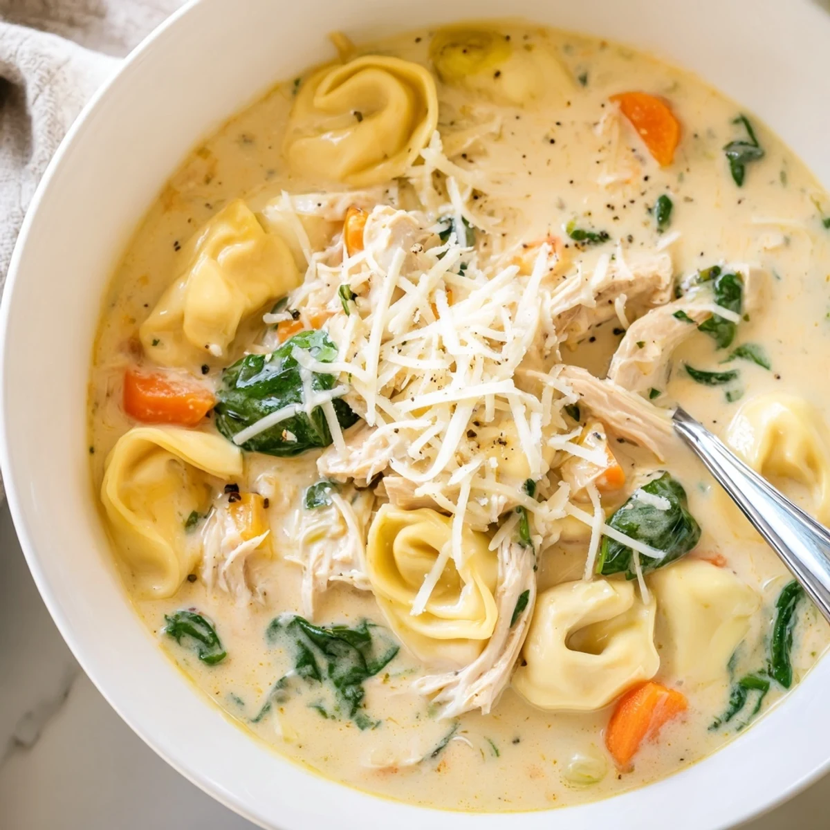 Slow cooker bowl of cheesy Chicken Tortellini featuring tender shredded chicken and carrots