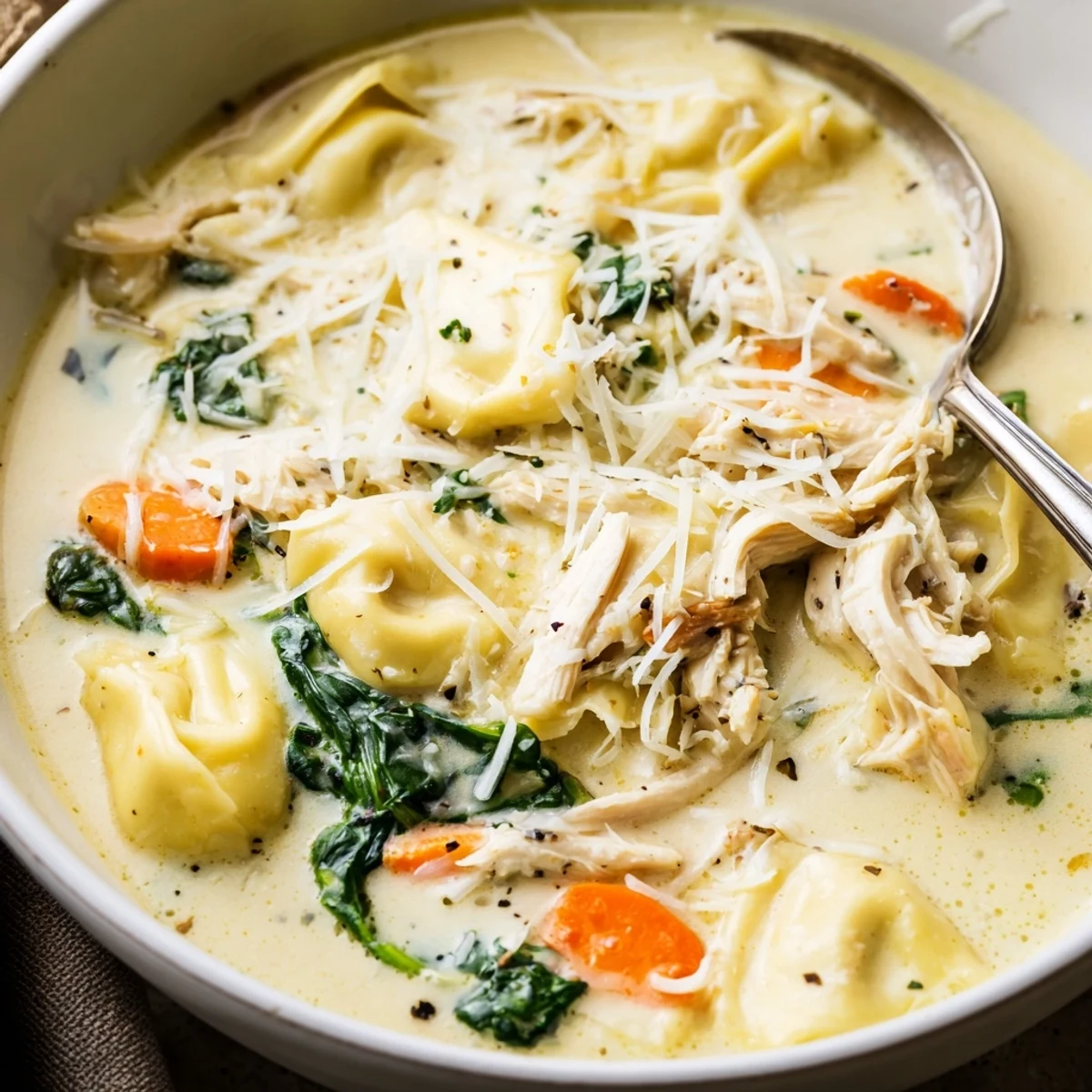 Comforting slow-cooked Chicken Tortellini stew rich with cream cheese and Italian herbs