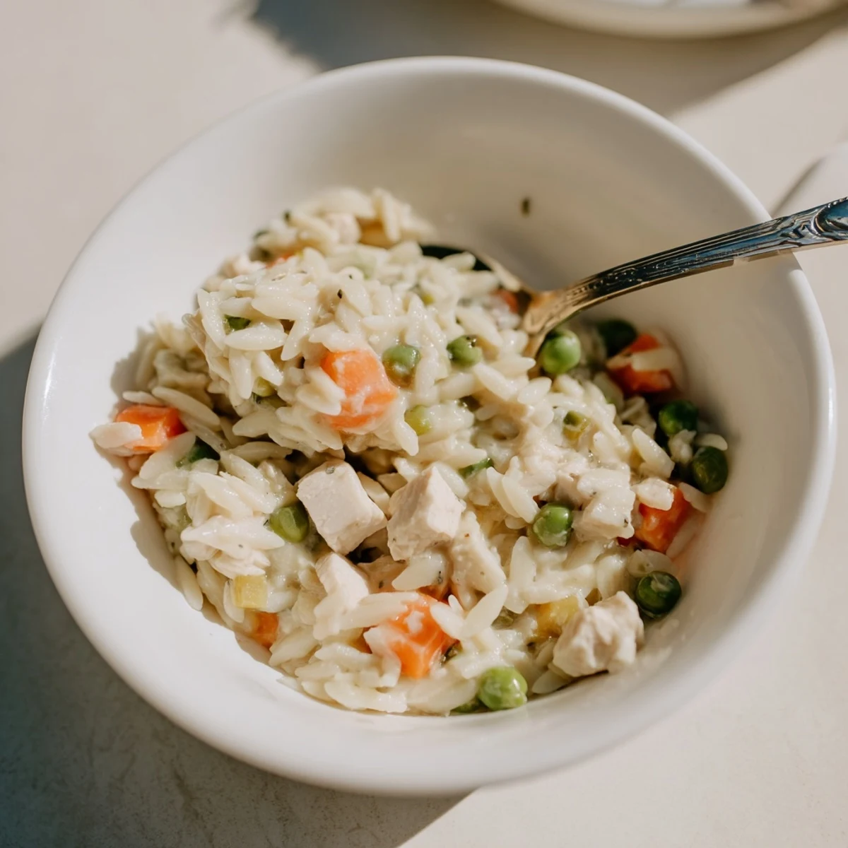 Creamy chicken pot pie orzo features tender bites of chicken and vegetables in a rich, cheesy sauce.