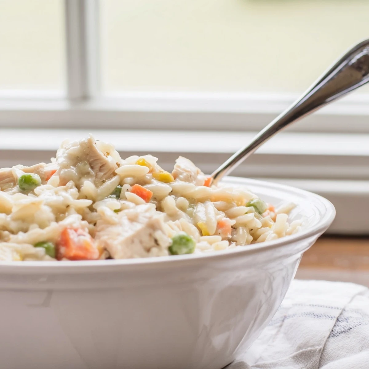 Golden chunks of chicken mix with peas and orzo in this hearty one-pot chicken pot pie orzo.