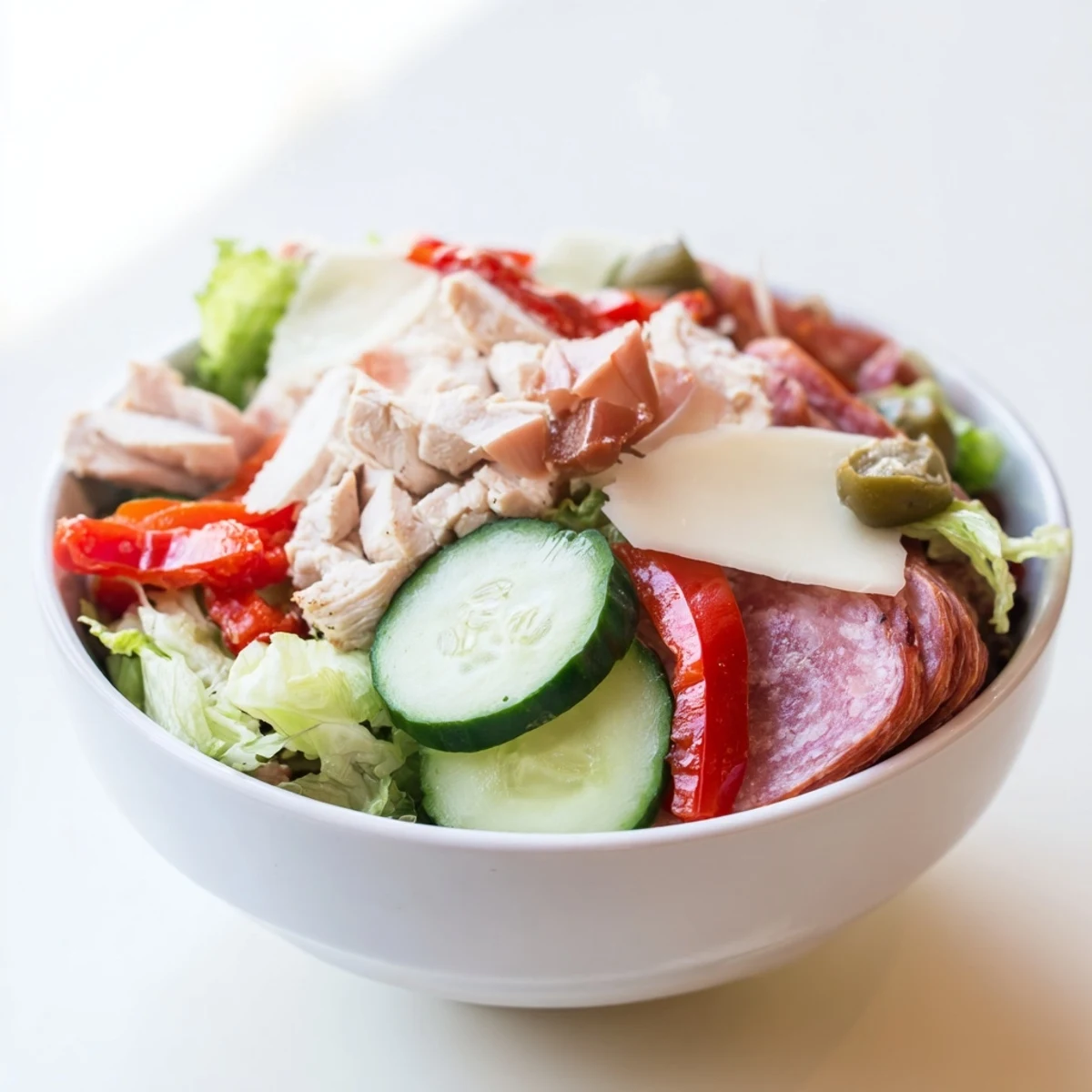 Golden sliced chicken rests atop a bed of crisp romaine in this Italian Grinder Chicken Salad.