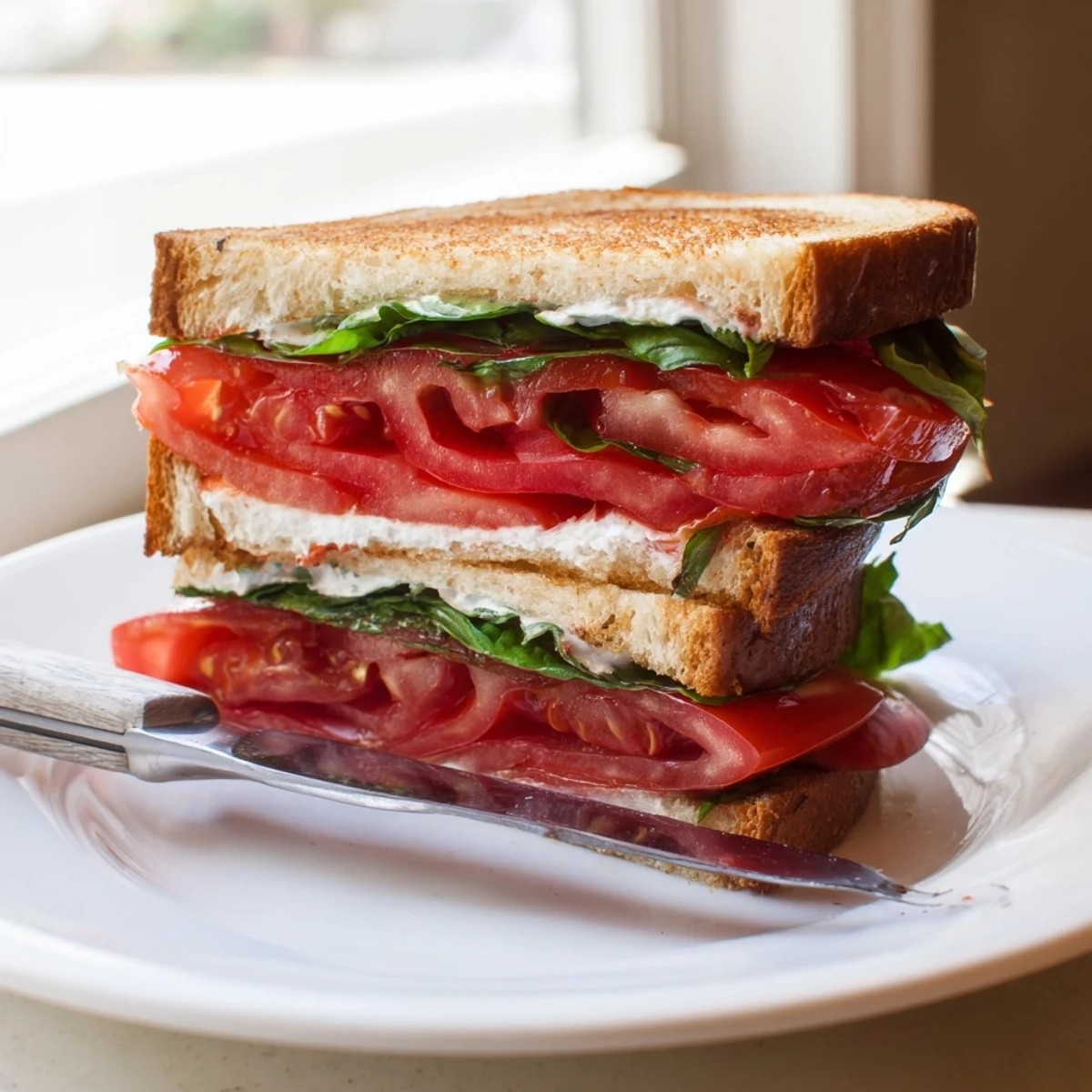 Golden stacked tomato sandwich featuring juicy red slices, creamy mayonnaise, and fresh basil on toasted bread