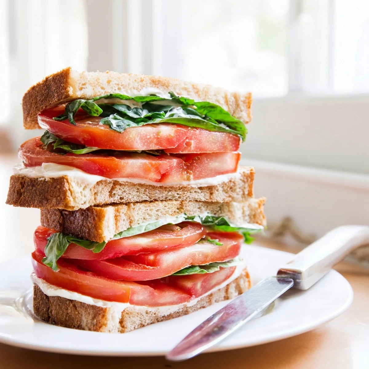 Classic tomato sandwich on country white bread layered with ripe produce and a dusting of black pepper