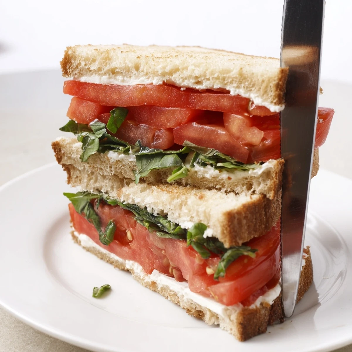 Simple summertime tomato sandwich with thick tomato slices, crisp greens, and rich mayo on sourdough