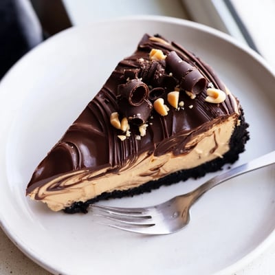 Chocolate peanut butter cheesecake with a thick Oreo crust and glossy ganache topping