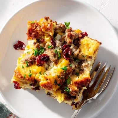 Creamy cranberry sausage stuffing breakfast casserole fresh from the oven with crispy edges