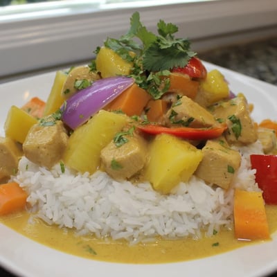 Juicy chicken pieces tangled with colorful peppers and pineapple over steamed jasmine rice
